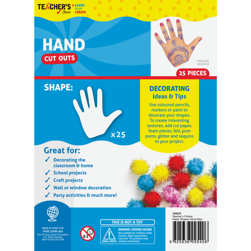 Dodger Blue Teacher's Choice Hands Cut Outs 25 Pieces Kids Paper Shapes
