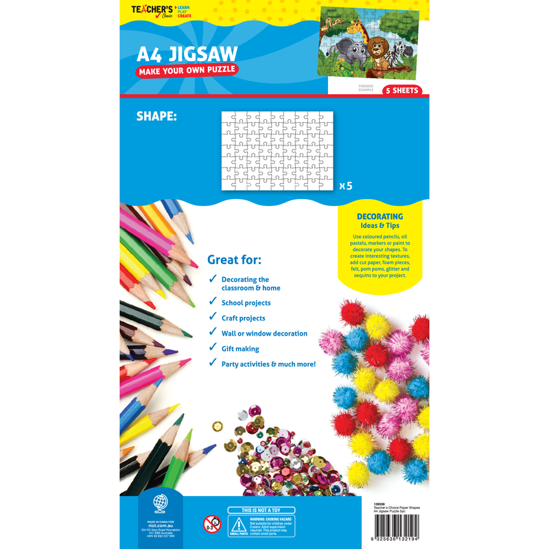 Dodger Blue Teacher's Choice Blank A4 Jigsaw Puzzle 5 Sheets Kids Paper Shapes