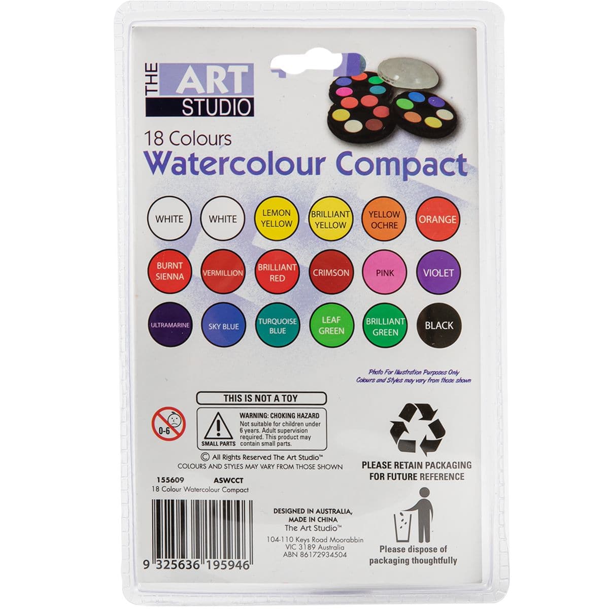 Light Gray The Art Studio 3 Tier Watercolour Compact 18 Assorted Colours Watercolour Paints
