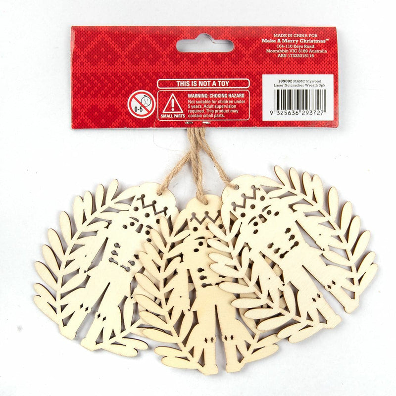 Beige Make A Merry Christmas Plywood Laser-Cut Nutcracker Wreath 3 Pack Christmas