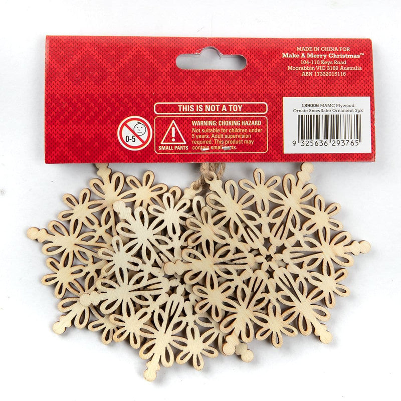 Light Gray Make A Merry Christmas Plywood Ornate Snowflake Ornament 3 Pack Christmas