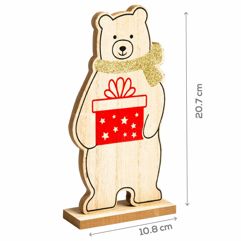Red Make A Merry Christmas  Plywood Standing Bear Holding Gift Christmas