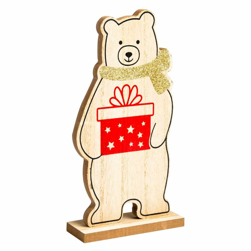 Red Make A Merry Christmas  Plywood Standing Bear Holding Gift Christmas