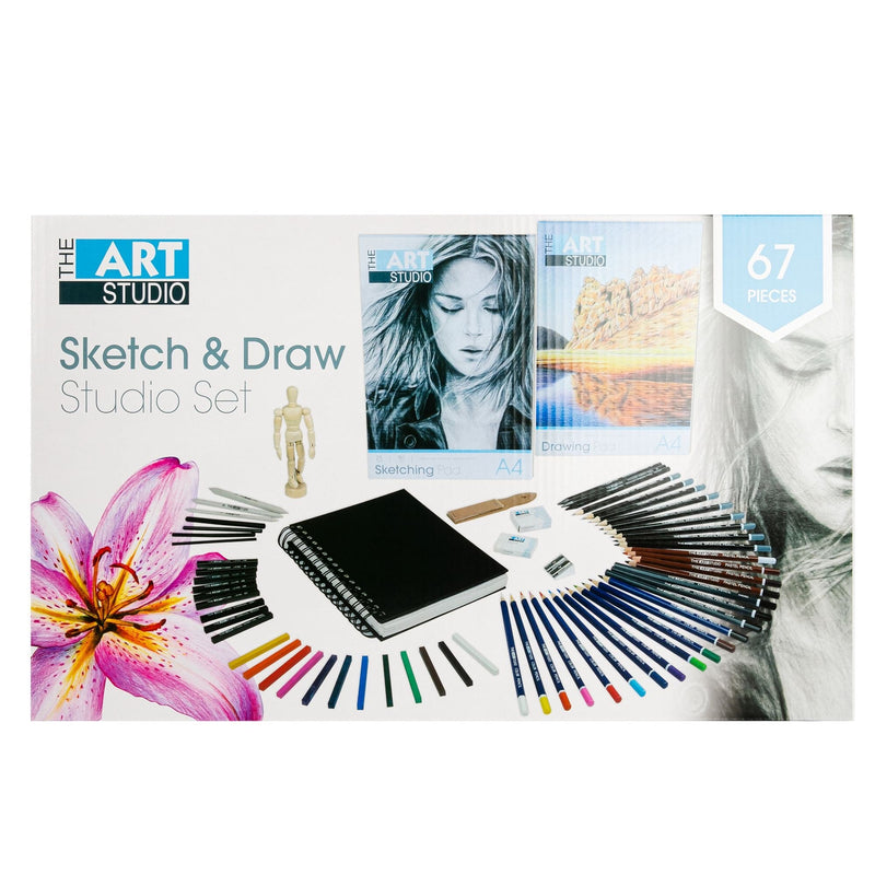 White Smoke The Art Studio Sketch & Draw Studio Set 63 Pieces Pastels & Charcoal