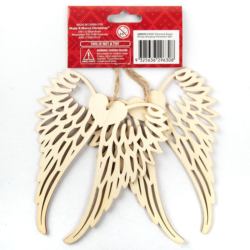 Beige Make A Merry Christmas Plywood Angel Wings Hanging Ornament 2pk Christmas