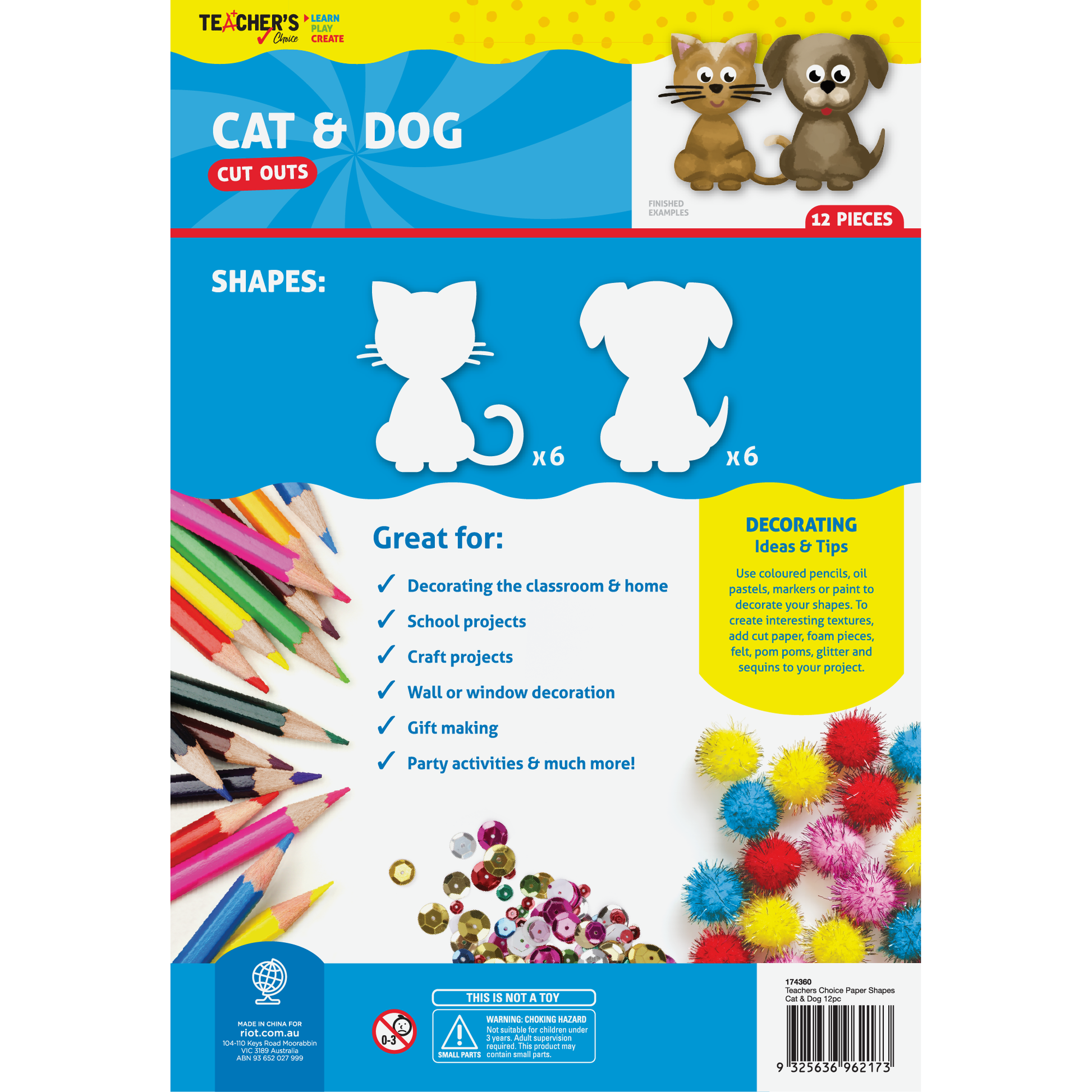 Light Sea Green Teacher's choice Paper Shapes Cat Dog (12 Piece) Kids Paper Shapes