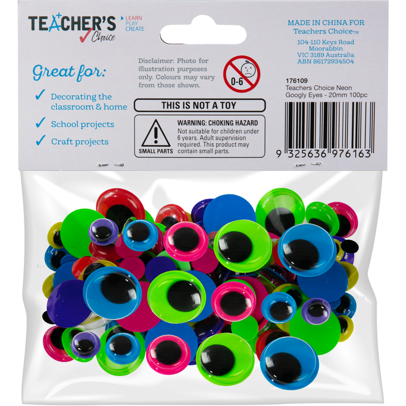 Dark Slate Gray Teacher’s Choice Neon Googly Eyes Assorted Sizes & Colours 100 Pieces Kids Craft Basics