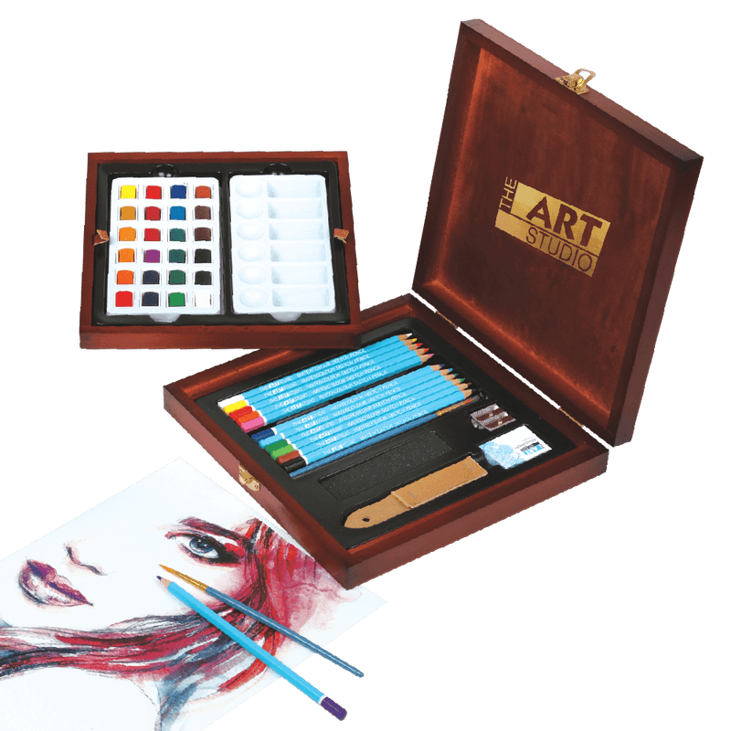 Light Gray The Art Studio Artist Premier Wooden Case Watercolour Pencil Set 44 Pieces Watercolour Painting Sets