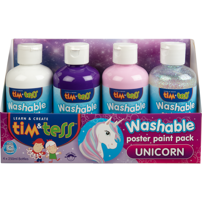 Gray Tim & Tess Children's Washable Poster Paint Set 4 Unicorn Colours 250ml Bottles Kids Paints