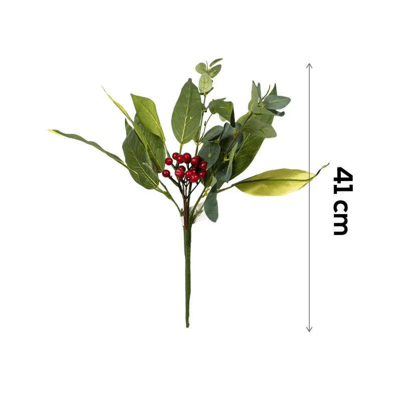 Dark Olive Green Christmas Red Berries with Leaves Spray 41cm Christmas