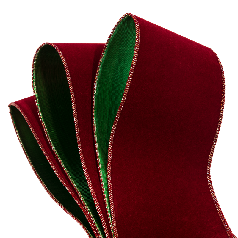 Black Burgundy and Green Velour Double Sided Wire Edge Tree Ribbon 10cm x 10m Christmas