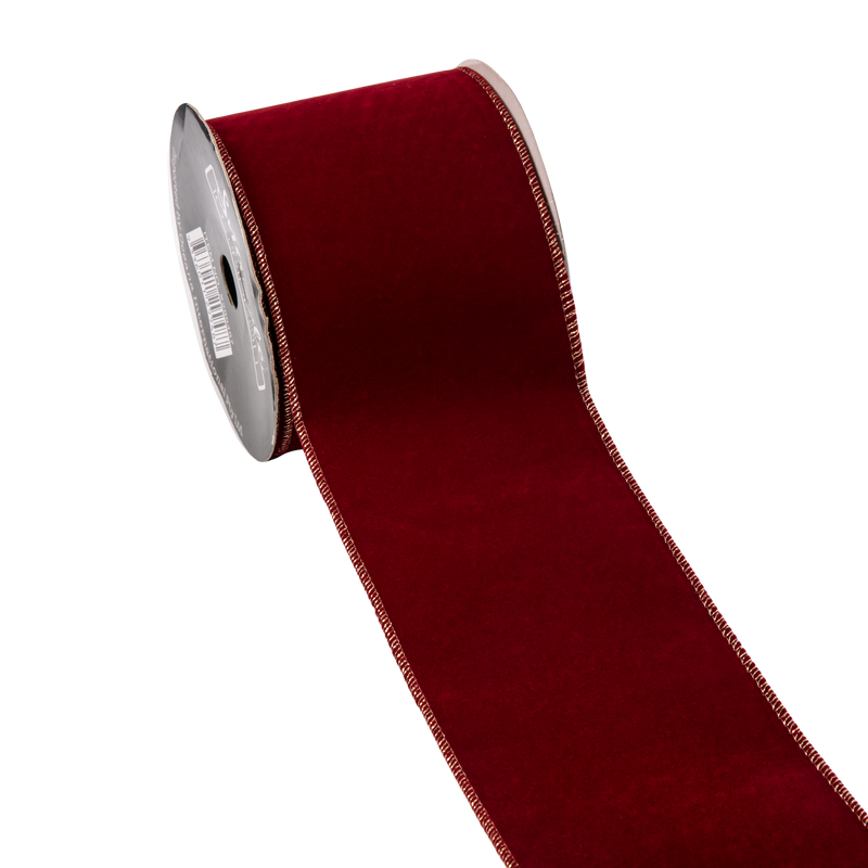 Dark Red Burgundy and Green Velour Double Sided Wire Edge Tree Ribbon 10cm x 10m Christmas