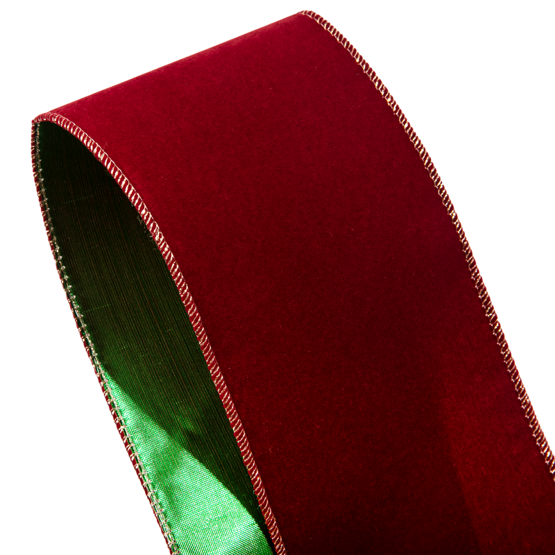 Dark Red Burgundy and Green Velour Double Sided Wire Edge Tree Ribbon 10cm x 10m Christmas