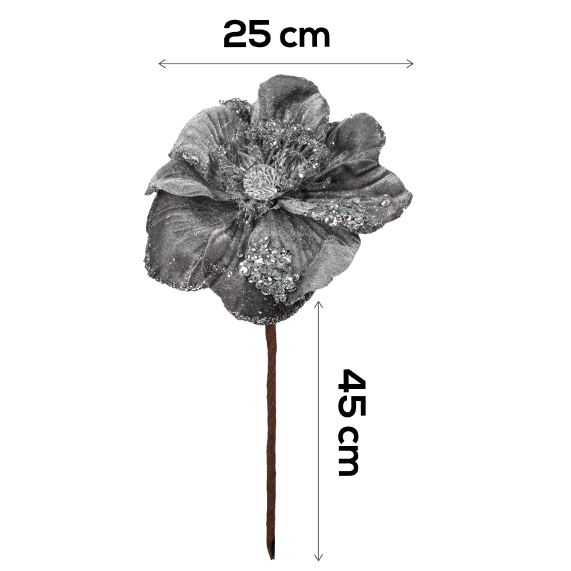 Dim Gray Christmas Silver Magnolia Flower with Jewels 25cm with 45cm Stem Christmas