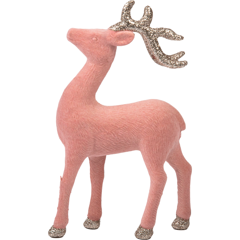 Rosy Brown Christmas Pink Flocked Reindeer with Champagne Glitter Antlers 21cm Christmas