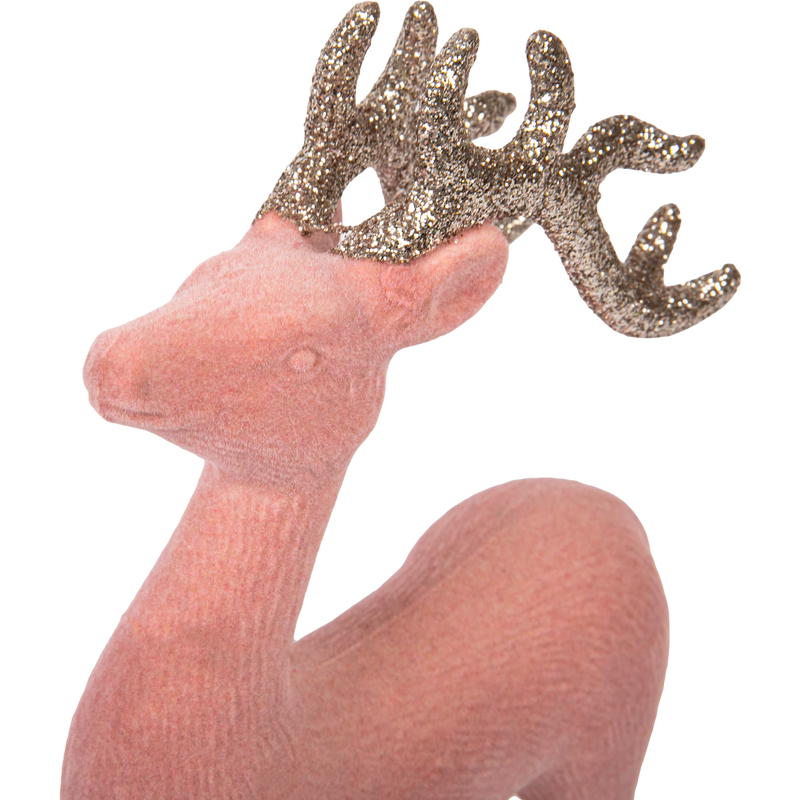 Rosy Brown Christmas Pink Flocked Reindeer with Champagne Glitter Antlers 21cm Christmas