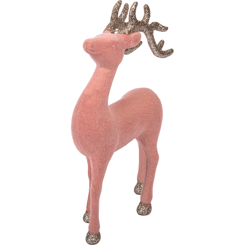 Rosy Brown Christmas Pink Flocked Reindeer with Champagne Glitter Antlers 21cm Christmas