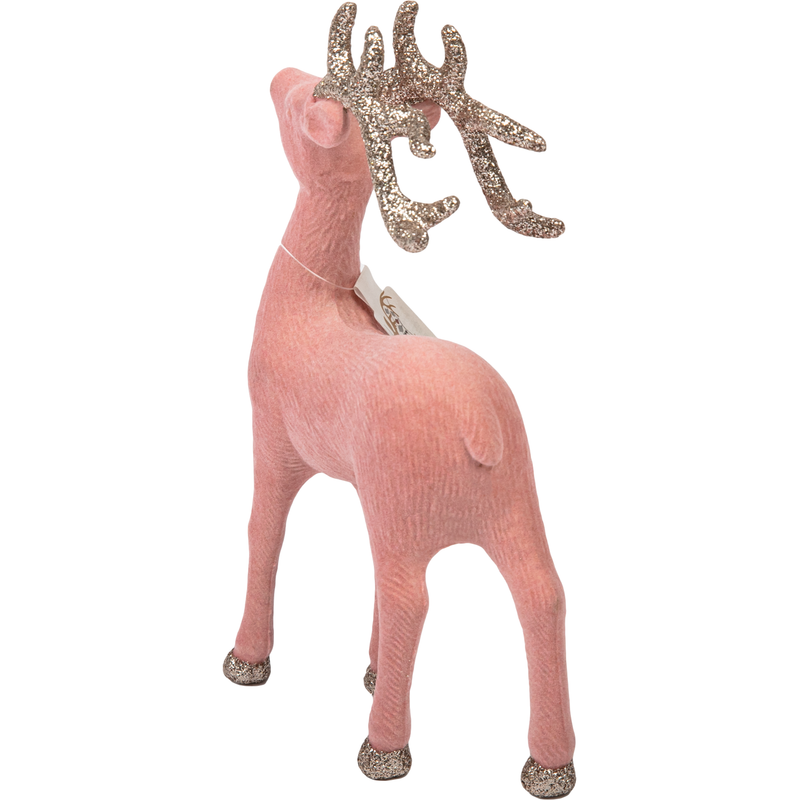 Rosy Brown Christmas Pink Flocked Reindeer with Champagne Glitter Antlers 21cm Christmas