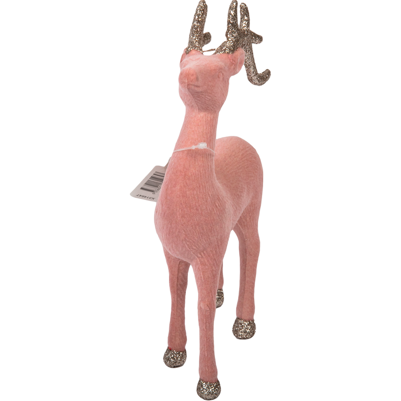 Rosy Brown Christmas Pink Flocked Reindeer with Champagne Glitter Antlers 21cm Christmas