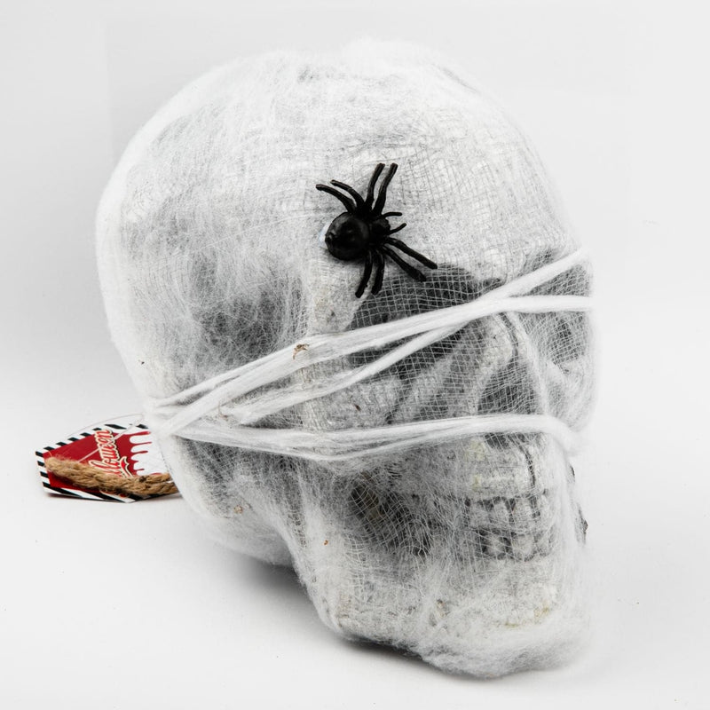 Gray Halloween Light Up Hanging Skull in Spider Web with Spiders Halloween