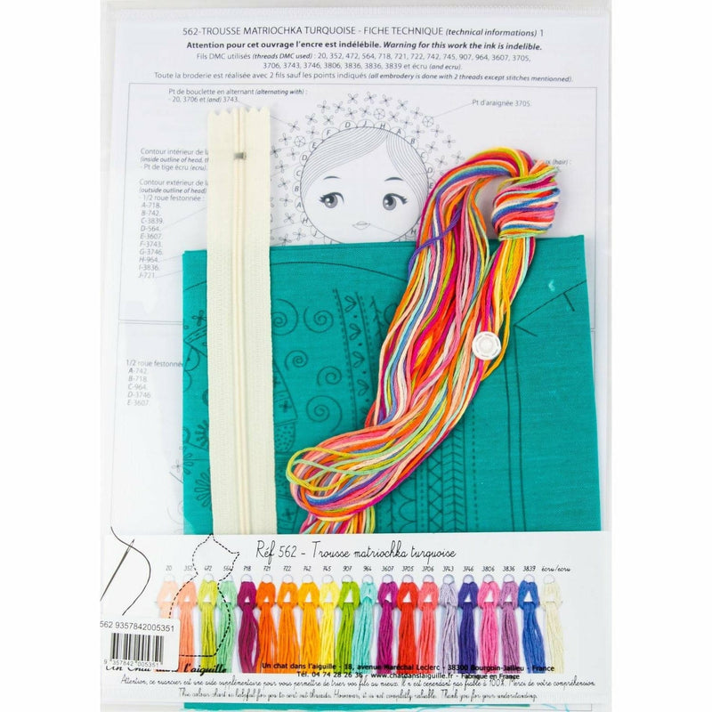 Dark Cyan Matryoshka Pencil Case - Turquoise - Embroidery Kit 22x13cm Needlework Kits