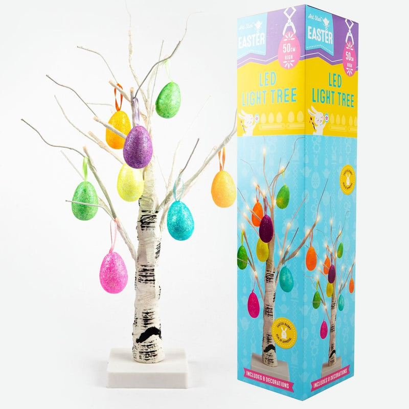 White Smoke Art Star Easter LED Light Tree with 8 Decorations Easter