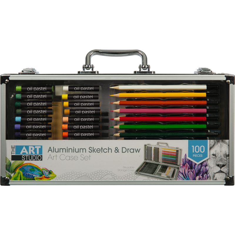 Gray Art Studio Sketch and Drawing Set in Aluminium Case 100  pieces Drawing and Sketching Sets