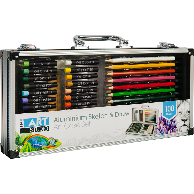 Black Art Studio Sketch and Drawing Set in Aluminium Case 100  pieces Drawing and Sketching Sets