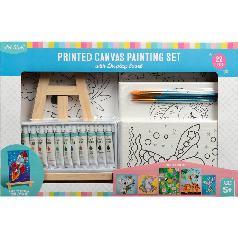 Gray Art Star Printed Canvas Painting Set With Easel (22 pieces) Kids Painting Sets