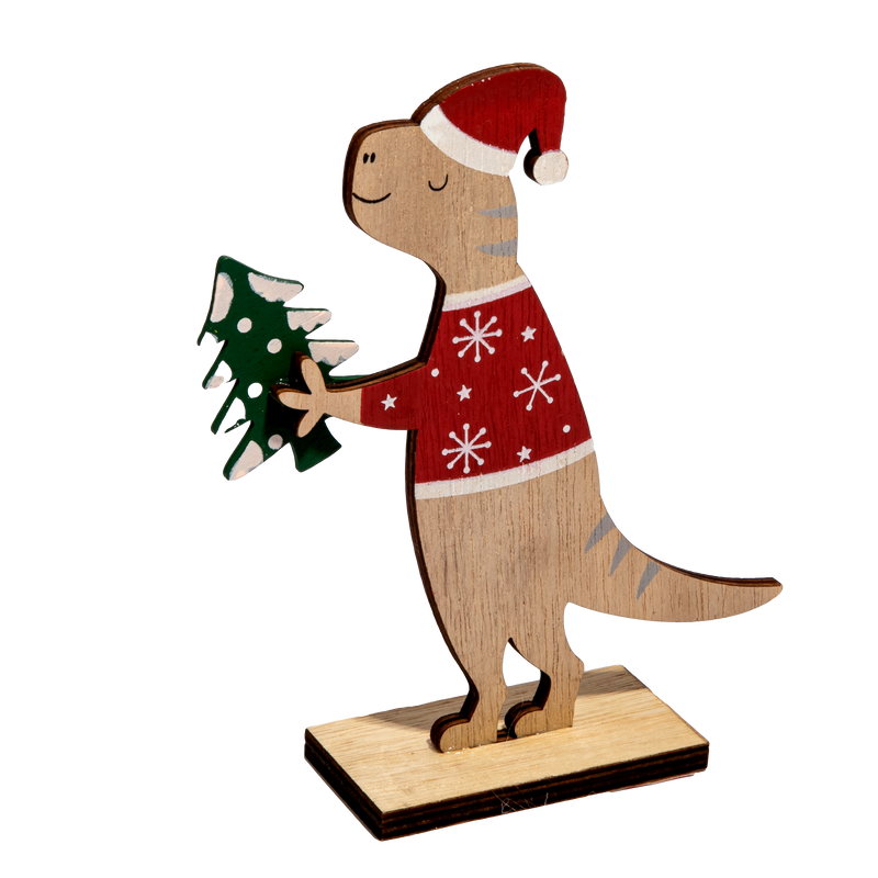 Rosy Brown Christmas Plywood Standing Dinosaur Decoration Holding Tree 13x4x15cm Christmas