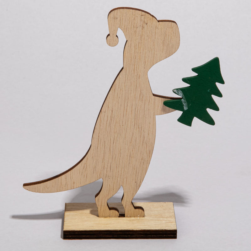 Gray Christmas Plywood Standing Dinosaur Decoration Holding Tree 13x4x15cm Christmas