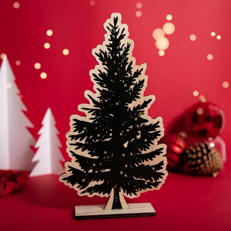 Firebrick Christmas Plywood Standing Tree Decoration with Glitter 30x5x17cm Christmas