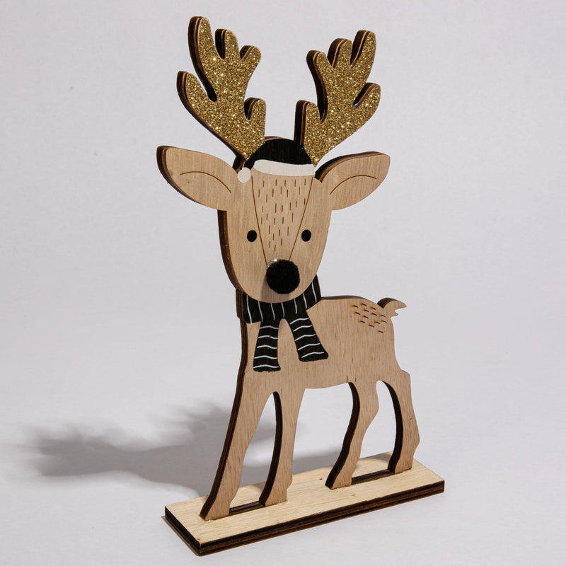 Light Gray Christmas Plywood Standing Reindeer with Glitter and Hat 10 x 4 x 22.5cm Christmas