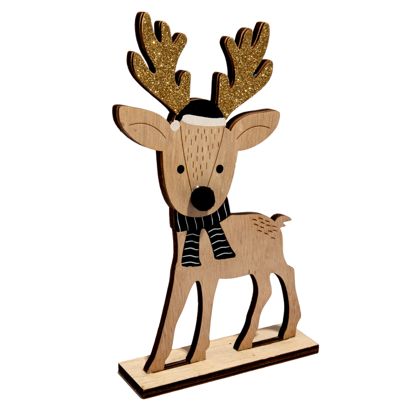 Dark Khaki Christmas Plywood Standing Reindeer with Glitter and Hat 10 x 4 x 22.5cm Christmas