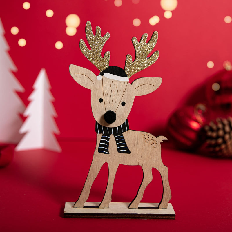 Firebrick Christmas Plywood Standing Reindeer with Glitter and Hat 10 x 4 x 22.5cm Christmas