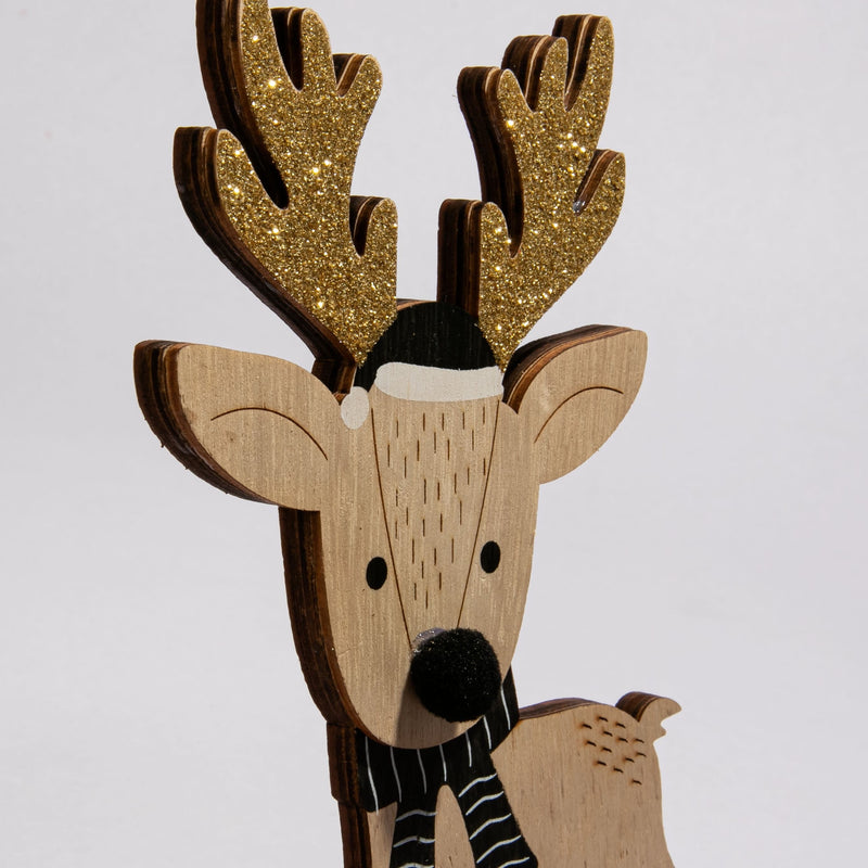 Light Gray Christmas Plywood Standing Reindeer with Glitter and Hat 10 x 4 x 22.5cm Christmas