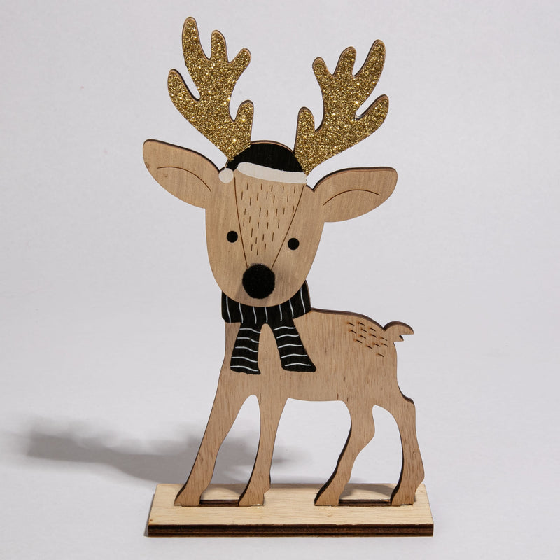 Light Gray Christmas Plywood Standing Reindeer with Glitter and Hat 10 x 4 x 22.5cm Christmas