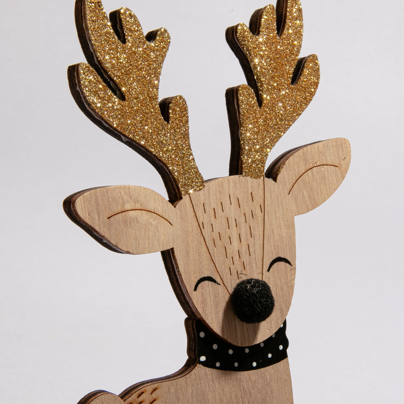 Light Gray Christmas Plywood Standing Reindeer with Glitter 10x4x22.5cm Christmas