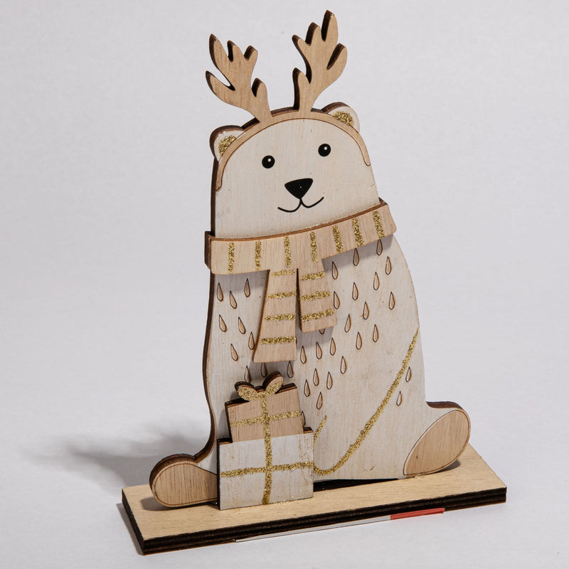 Light Gray Christmas Plywood Polar Bear Decoration with Glitter Scarf 18 x 13.5 x 4cm Christmas