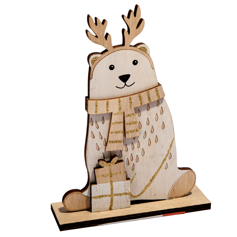 Tan Christmas Plywood Polar Bear Decoration with Glitter Scarf 18 x 13.5 x 4cm Christmas