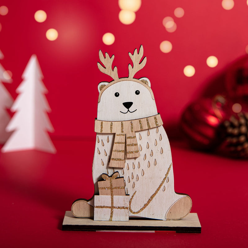 Firebrick Christmas Plywood Polar Bear Decoration with Glitter Scarf 18 x 13.5 x 4cm Christmas