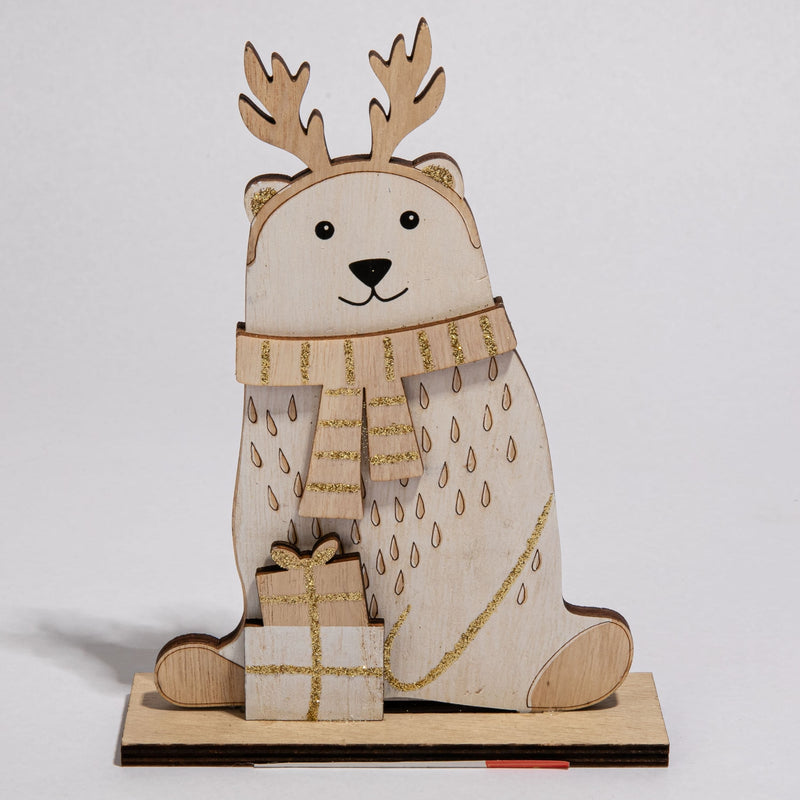 Light Gray Christmas Plywood Polar Bear Decoration with Glitter Scarf 18 x 13.5 x 4cm Christmas