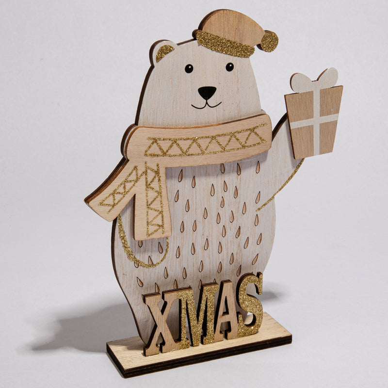 Light Gray Christmas Plywood Standing Polar Bear Decoration with Present 22.5 x 17.5 x 4cm Christmas