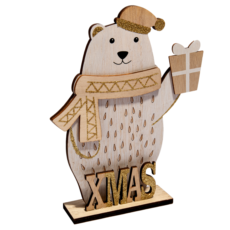 Tan Christmas Plywood Standing Polar Bear Decoration with Present 22.5 x 17.5 x 4cm Christmas