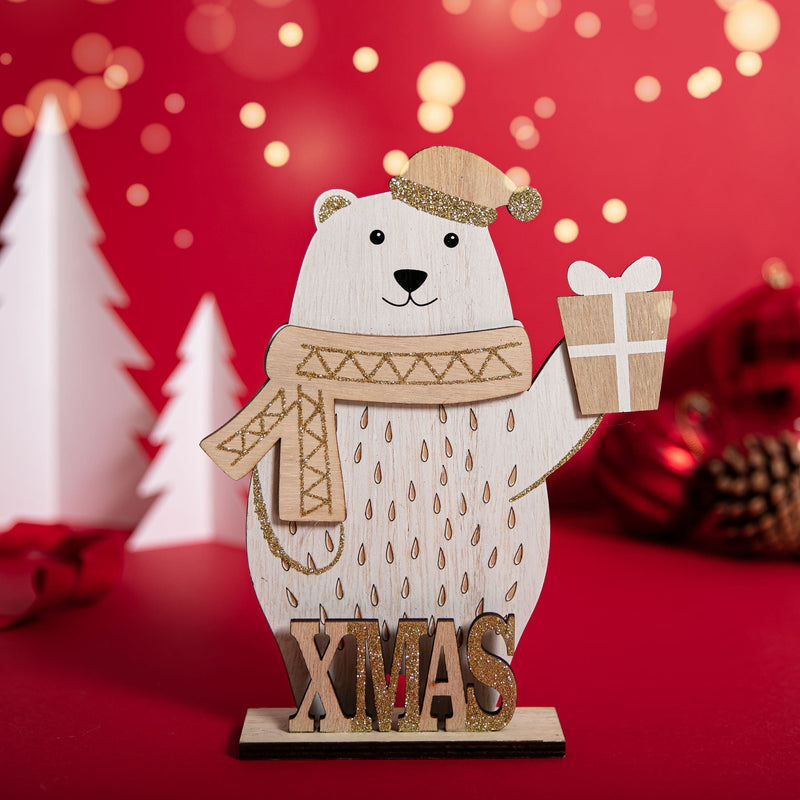 Brown Christmas Plywood Standing Polar Bear Decoration with Present 22.5 x 17.5 x 4cm Christmas