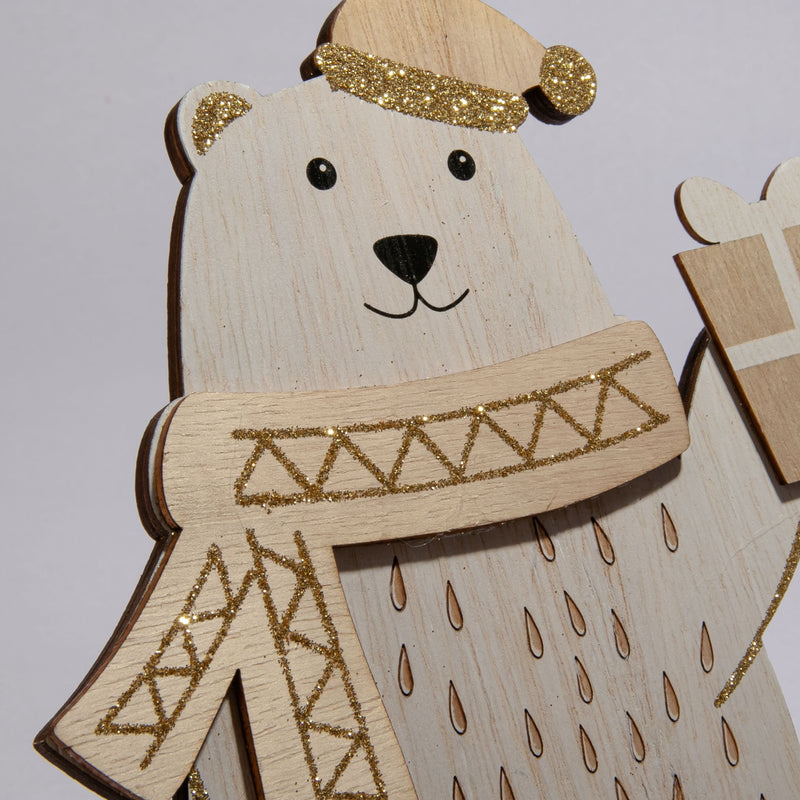 Dark Gray Christmas Plywood Standing Polar Bear Decoration with Present 22.5 x 17.5 x 4cm Christmas