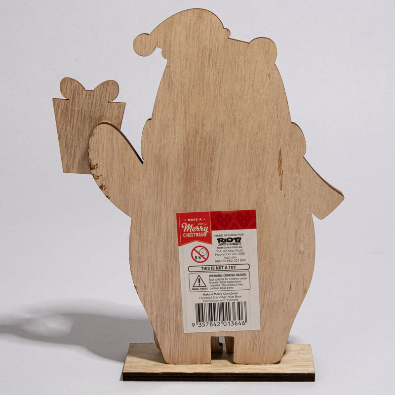 Gray Christmas Plywood Standing Polar Bear Decoration with Present 22.5 x 17.5 x 4cm Christmas