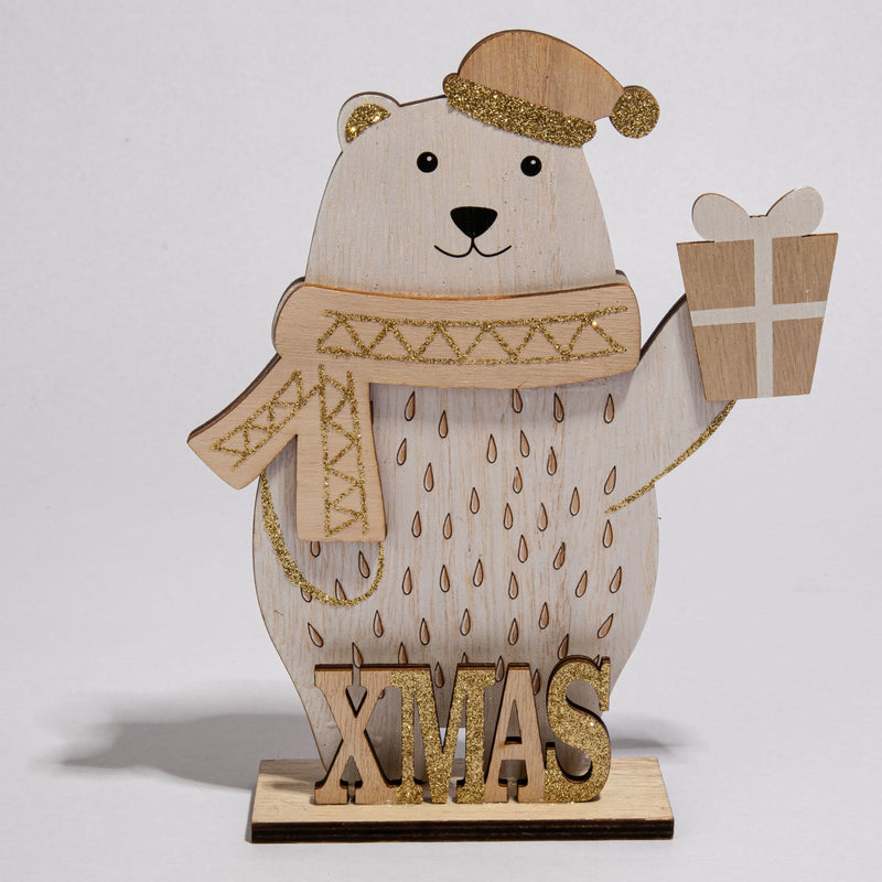 Gray Christmas Plywood Standing Polar Bear Decoration with Present 22.5 x 17.5 x 4cm Christmas