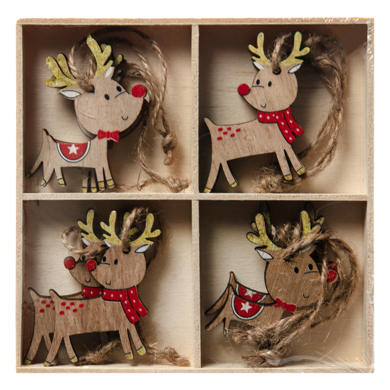 Dim Gray Christmas Plywood Reindeer Hanging Decorations in Wooden Box (8 Piece) Christmas