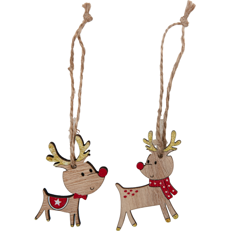 Rosy Brown Christmas Plywood Reindeer Hanging Decorations in Wooden Box (8 Piece) Christmas